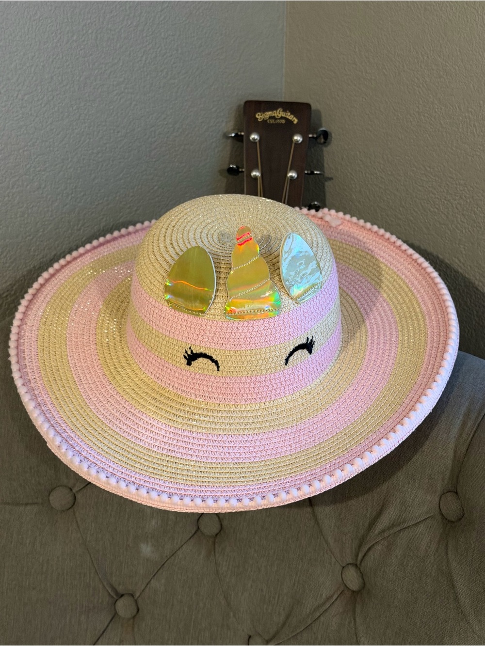Limited Too Pink & Cream Unicorn Straw Sun Hat